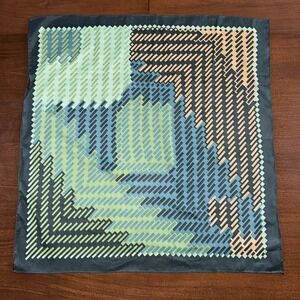 Vintage Sally Gee Grey, Blue, Green and Light Orange Square Scarf 27" Japan